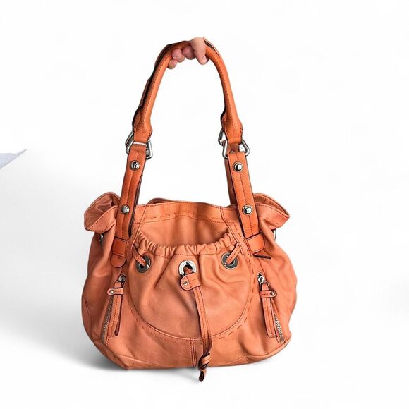 B. Makowsky Leather Drawstring Satchel - Tangerine Orange - Picture 1 of 8
